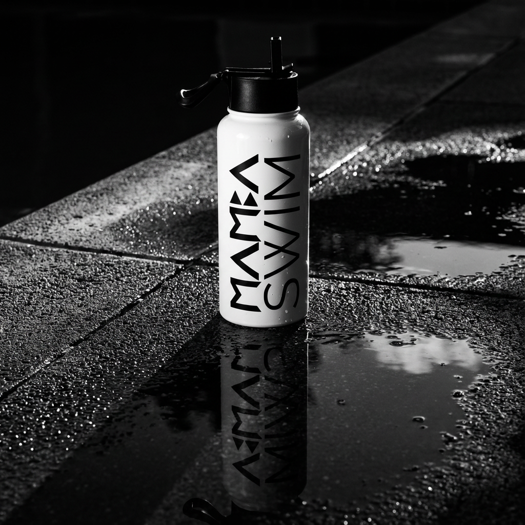 White water bottle with black text on a wet pavement